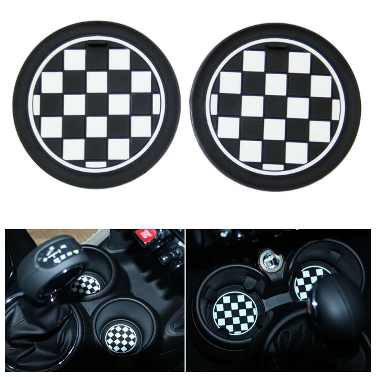 Set van 2 Bekerhouder Inleggers - Zwart Wit Geblokt - Geschikt voor Mini Cooper / Cooper S / Clubman / Countryman - Rubberen Bekerhouders Onderzetters - Siliconen - Mini Auto Accessoires