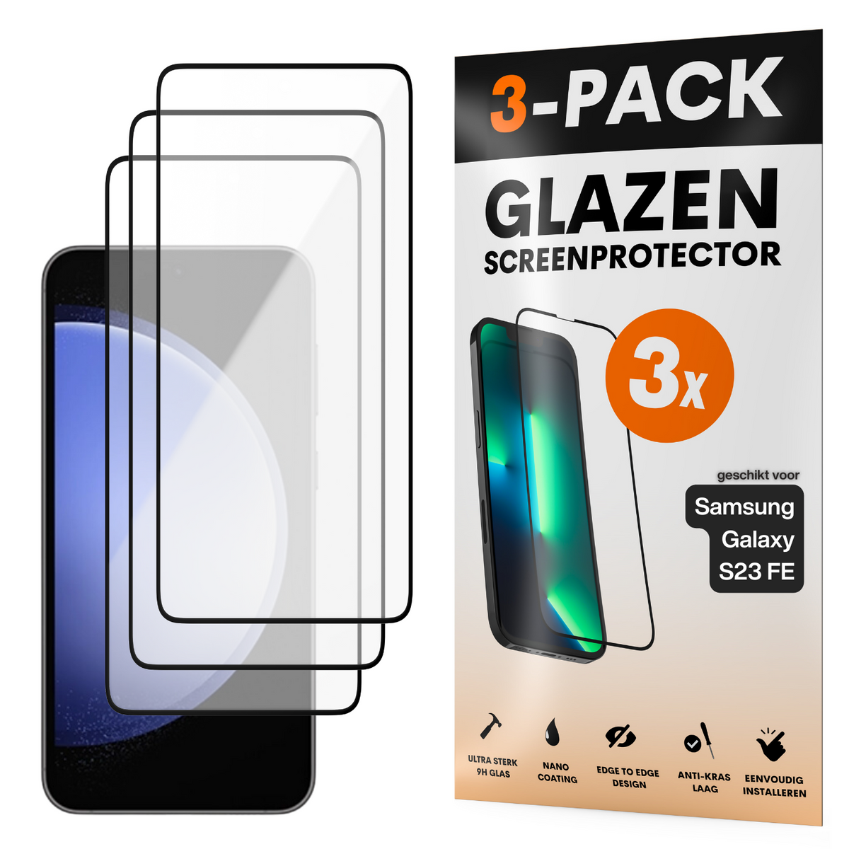 Screenprotector - Geschikt voor Samsung Galaxy S23 FE - Gehard Glas - Full Cover Tempered Glass - Case Friendly - 3 Pack