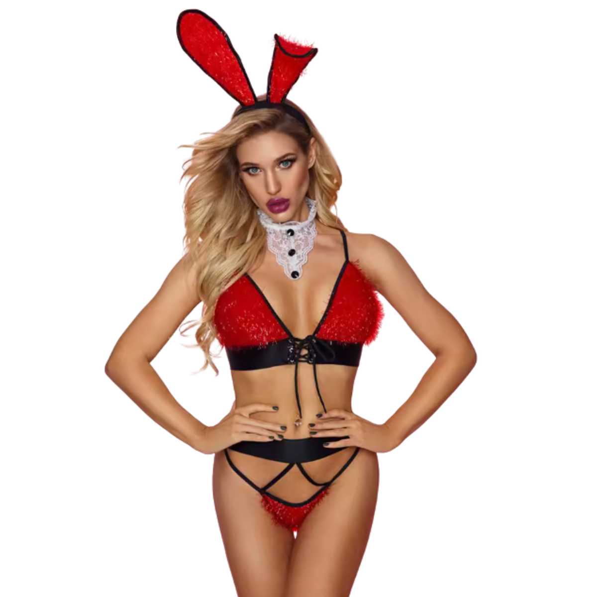 Sexy Bunny Pakje - 4 Delig Konijnen Kostuum - Zwart & Rood - Rollenspel / Cosplay / Roleplay / Anime - Bralette, Haarband, Kraag En Slip - One Size