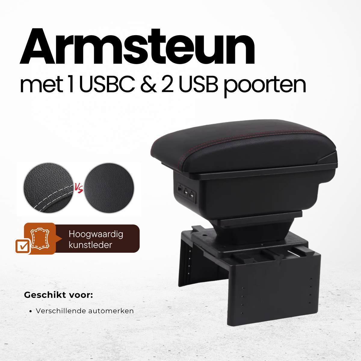 Multifunctionele Armsteun Universeel - Geschikt voor Verschillende Automerken - 1 USBC & 2 USB Aansluitingen - Opbergvakken - Armleuning - Middenconsole - Bekerhouder