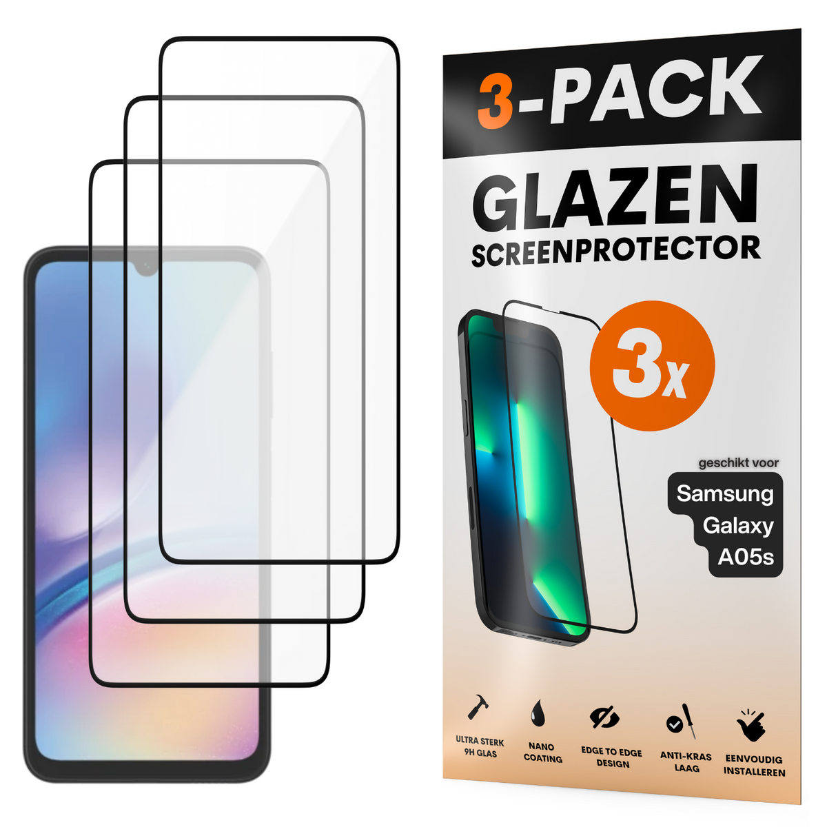 Screenprotector - Geschikt voor Samsung Galaxy A05 S - Gehard Glas - Full Cover Tempered Glass - Case Friendly - 3 Pack