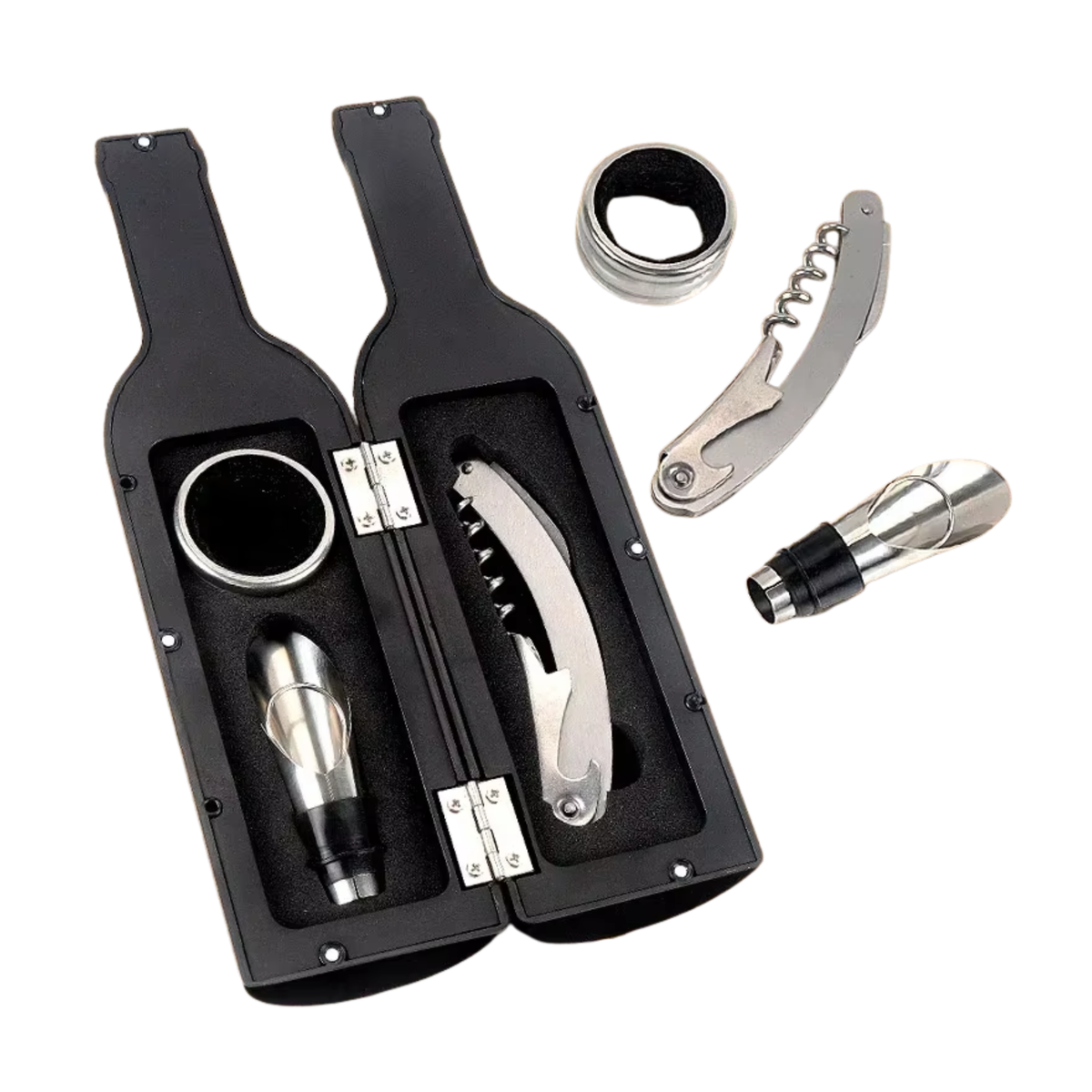 Wijn Tools Set - Cadeauset - 3 Wijn Tool Accesoires in Fles - Opener, Fleskraag en Schenktuit - Geschenkset - Drank Cadeau - Flesopener / Wijnopener / Kurkertrekker - Moederdag / Vaderdag / Kerst / Verjaardag - Cadeauverpakking