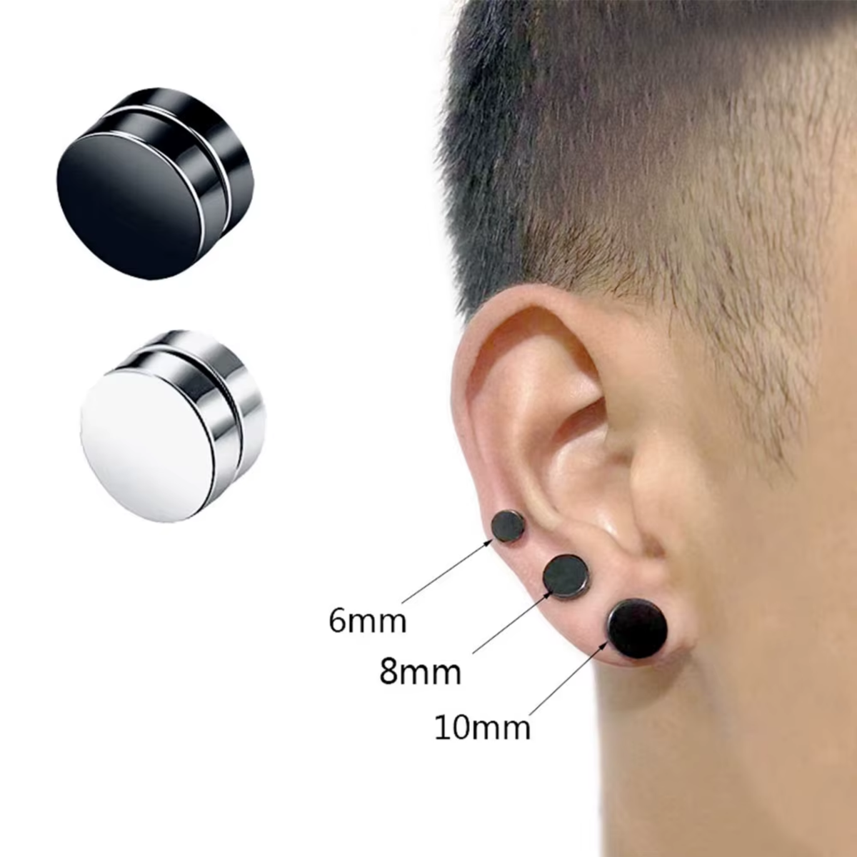 Magnetische Fake Piercing Set - 4 Nep Tunnel Piercings - Zilver & Zwart - Stainless Steel - Lippiercing / Oorpiercing / Wangpiercing - Nep Piercing Magnetische Plaatjes - Oorbel - Verkleedaccessoires - 10 mm
