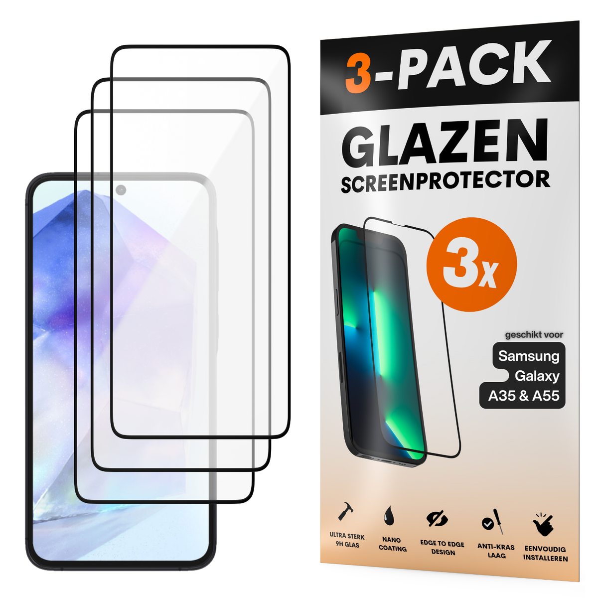 Screenprotector - Geschikt voor Samsung Galaxy A35 / A55 - Gehard Glas - Full Cover Tempered Glass - Case Friendly - 3 Pack