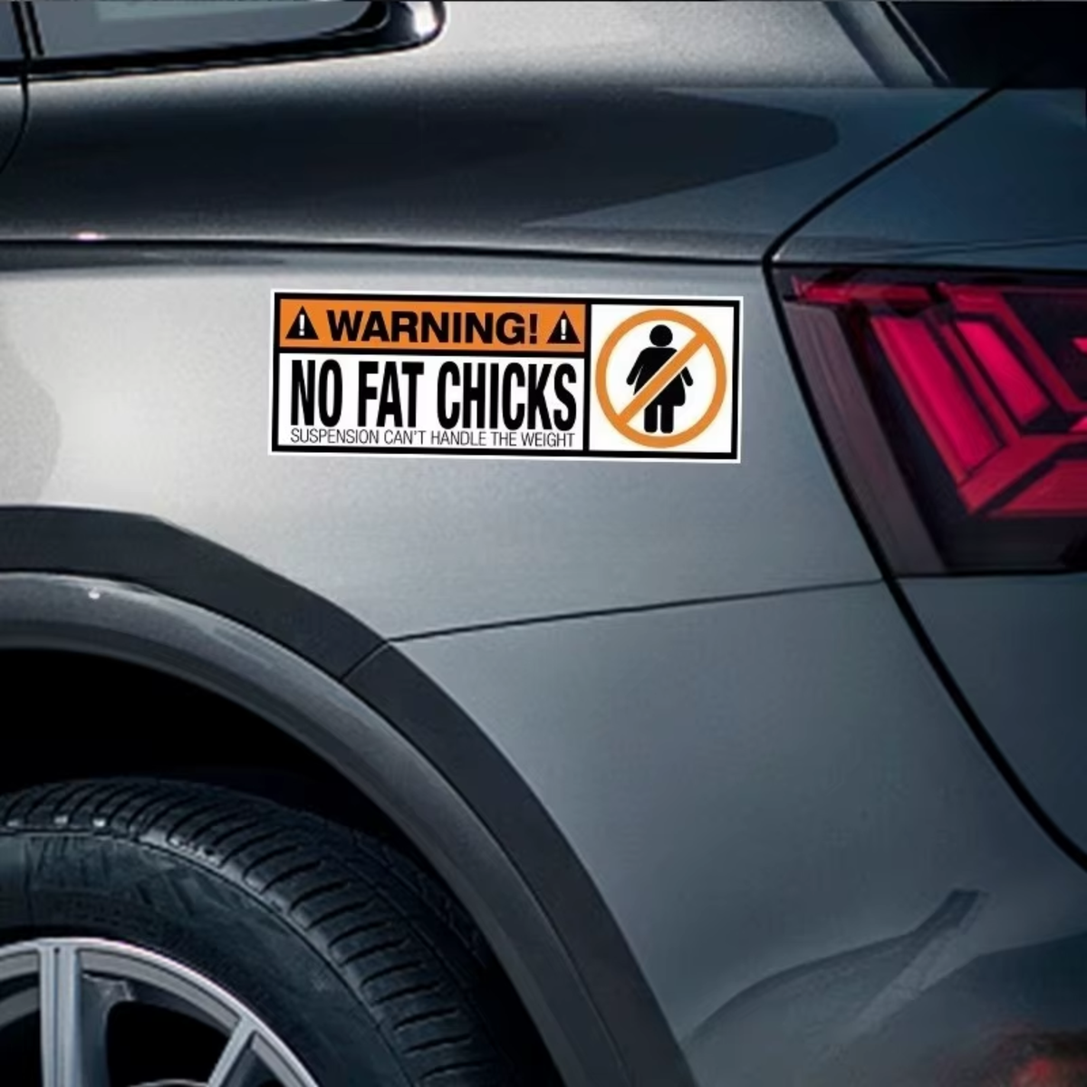 Auto Sticker - WARNING NO FAT CHICKS - Zwart & Oranje - 1 Meme Sticker - Hoogwaardig Vinyl - Autostickers Wrap Folie - Universeel - Embleem - Auto / Scooter / Fatbike Accessoires