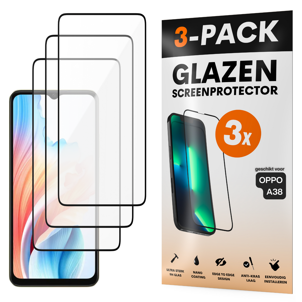 Screenprotector - Geschikt voor OPPO A38 - Gehard Glas - Full Cover Tempered Glass - Case Friendly - 3 Pack