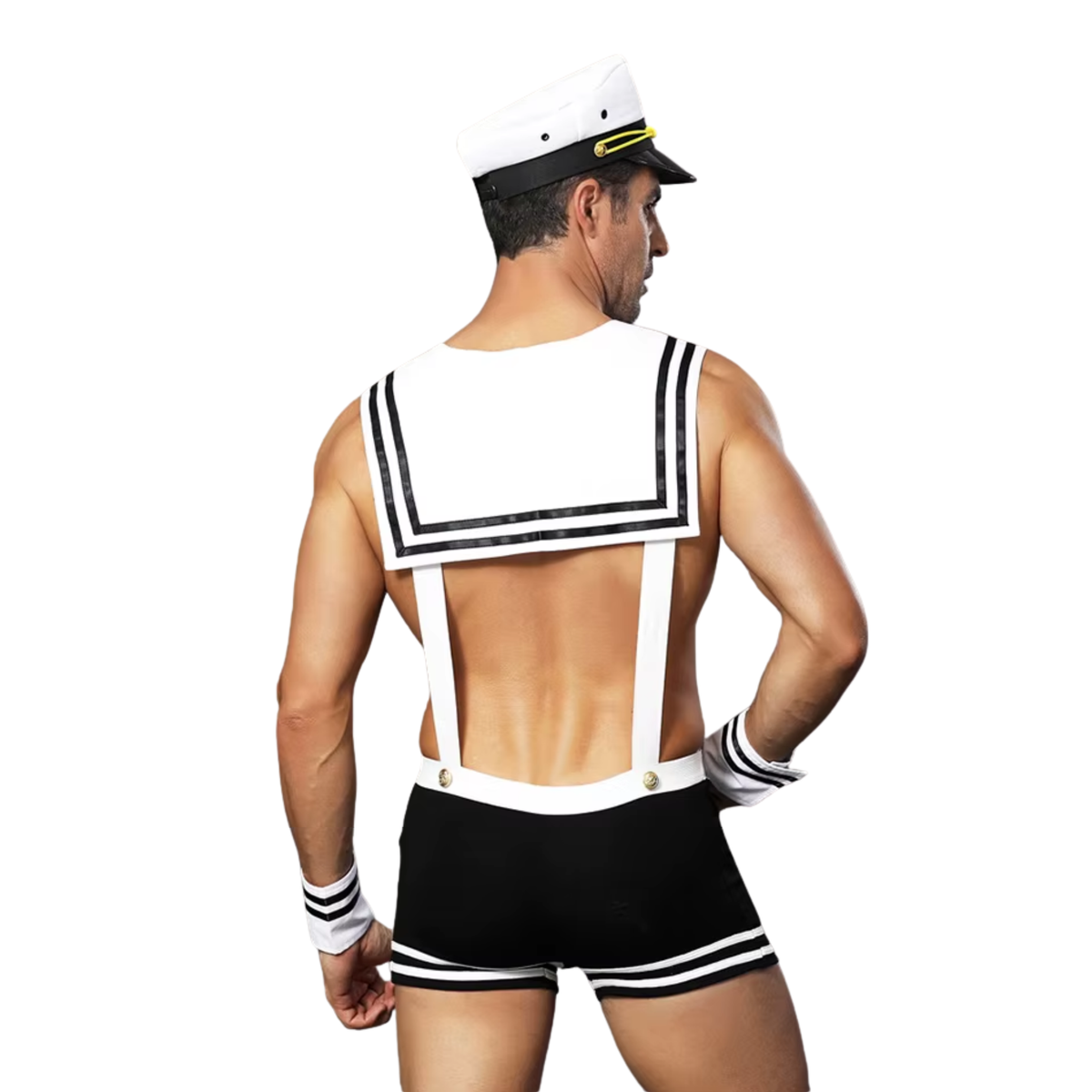4-Delig Sexy Heren Kostuum - Zeeman / Sailor / Kapitein - Boxer met Bretels, Pet, Kraag en Polsbanden - Zwart & Wit - Mannen - Heren Lingerie - Vrijgezellenfeest - One Size