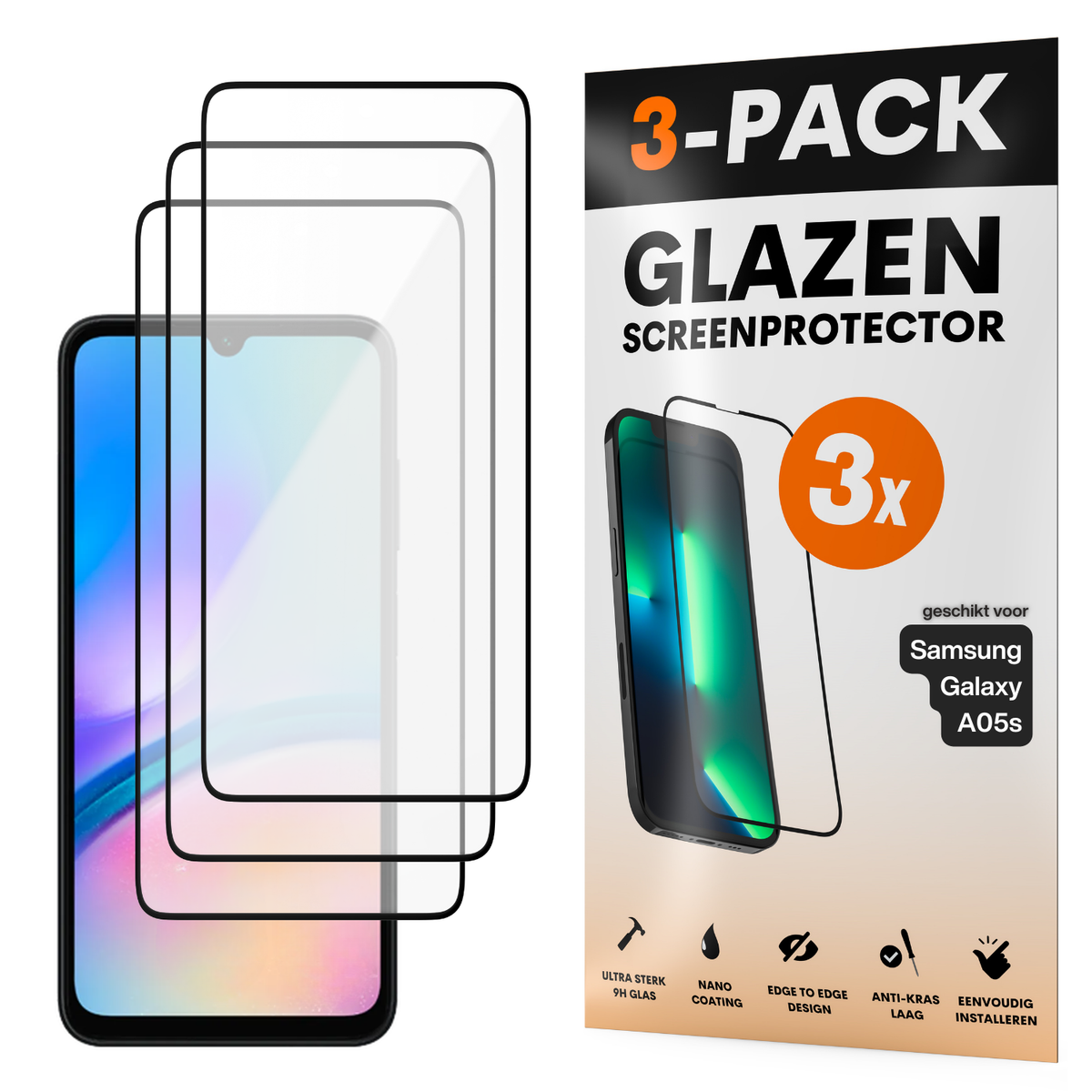 Screenprotector - Geschikt voor Samsung Galaxy A05s - Gehard Glas - Full Cover Tempered Glass - Case Friendly - 3 Pack