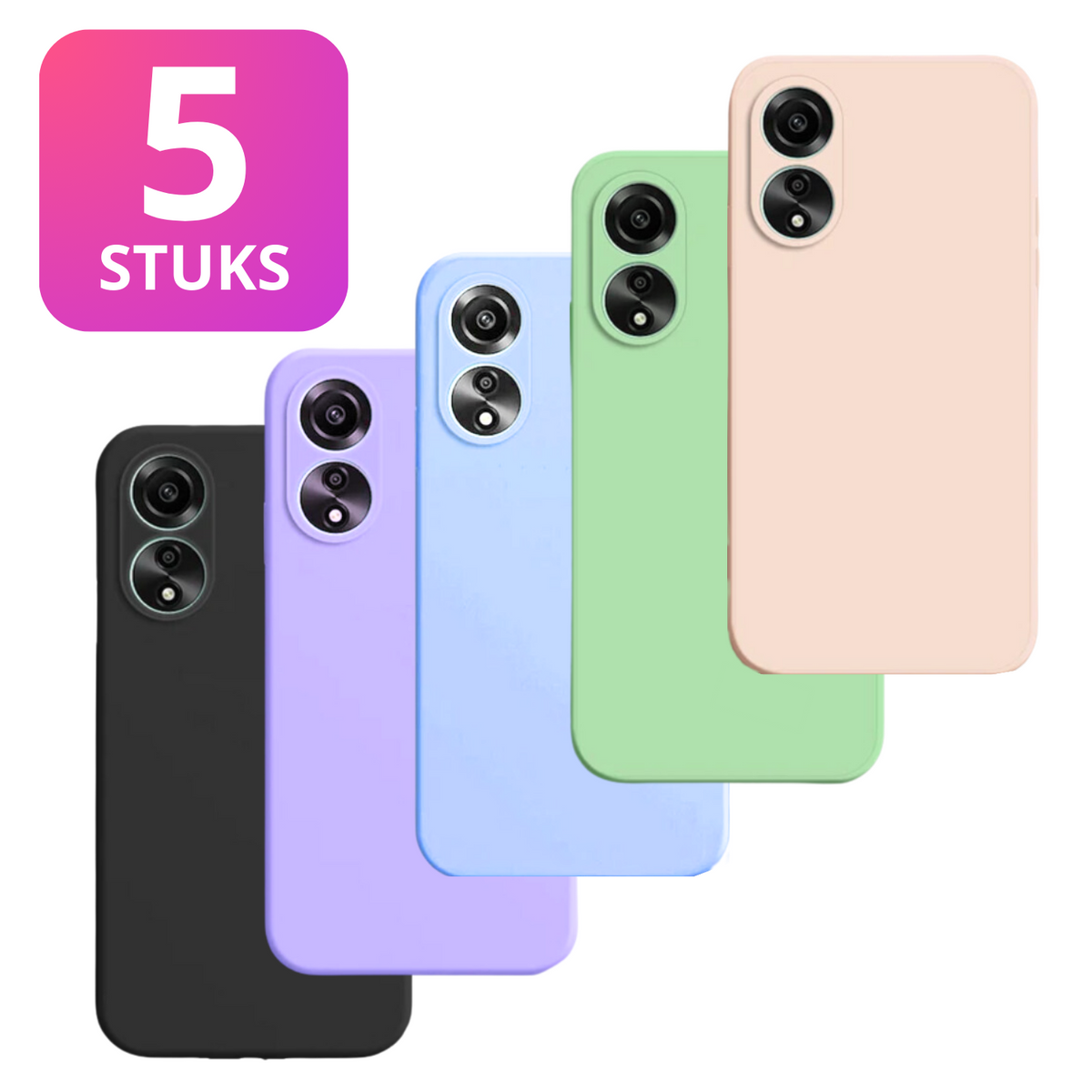5 PACK - Hoesje Geschikt voor OPPO A58 - 5x Siliconen Shock Proof Case - Zwart + 4 Kleuren - Stevige TPU Cover - Multipack Gemixte Kleuren