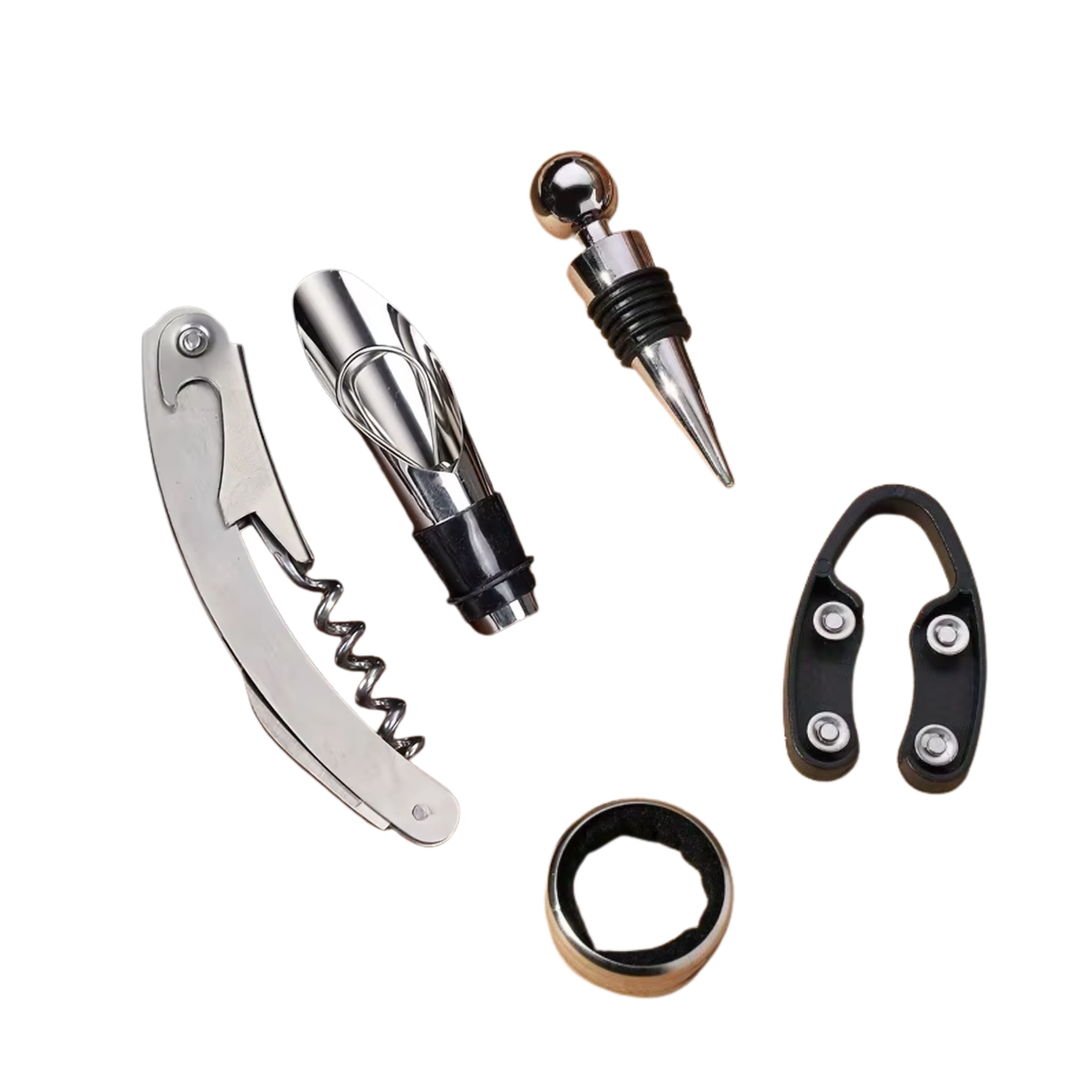 Wijn Tools Set - Cadeauset - 5 Wijn Tool Accesoires in Fles - Opener, Foliesnijder, Fleskraag, Schenktuit en Wijnstopper - Geschenkset - Drank Cadeau - Flesopener / Wijnopener / Kurkertrekker - Moederdag / Vaderdag / Kerst / Verjaardag - Cadeauverpakking