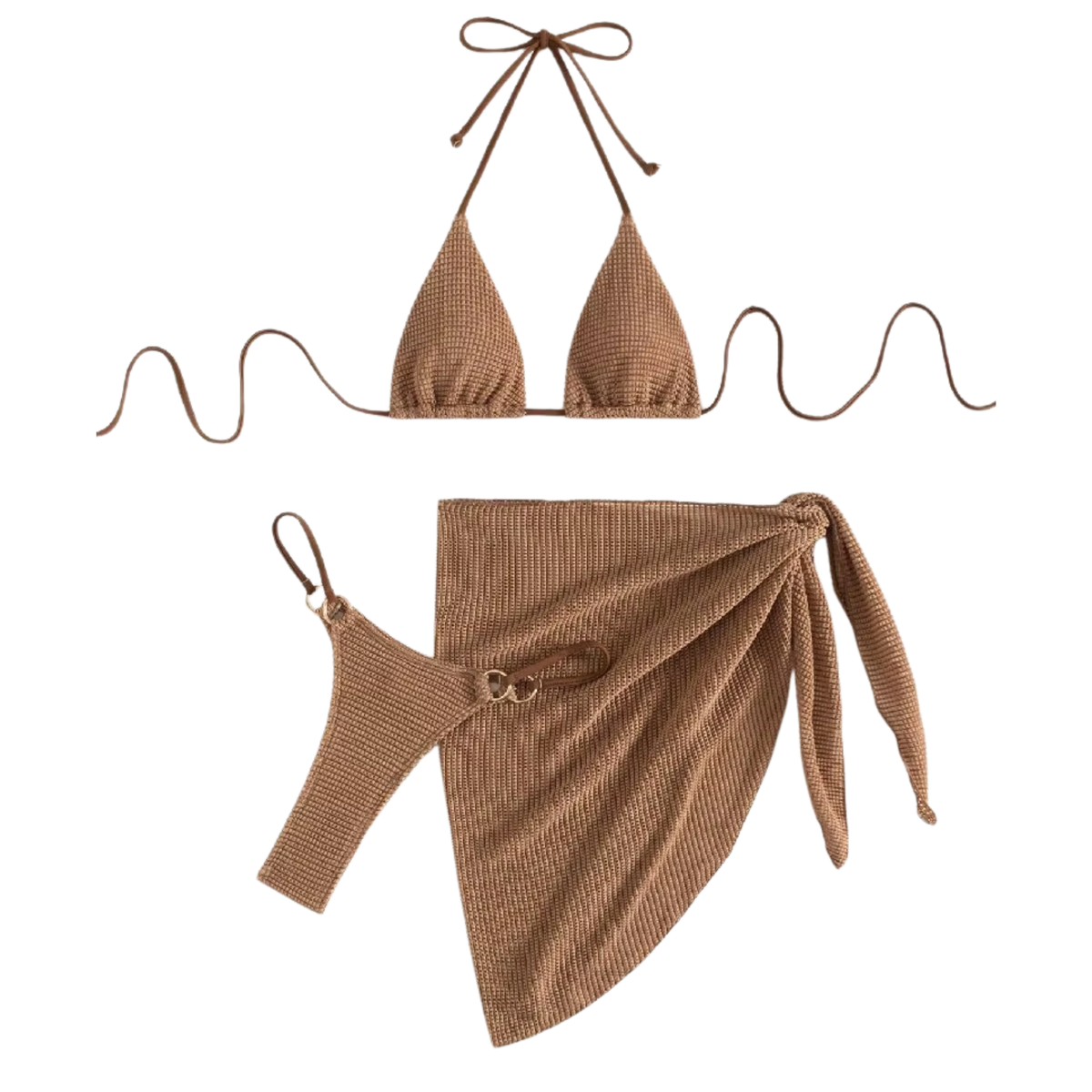 Dames Bikini Set 3 Delig – Beige Bruin - Badkleding / Strandkleding – Driedelige Bikini Set - Halter Bikinitop Zonder Beugel, Bikinislip, Omslagdoek Rok - Vrouwen & Dames - Maat L