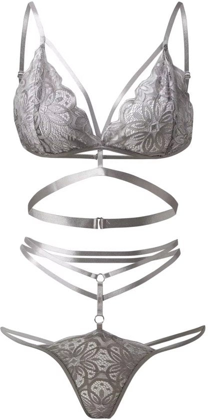 Sexy Lingerie Set voor Dames – 2-Delig met Kanten Bralette & String – Verleidelijk Bloemen Design – Grijs – Lingerieset – Maat M
