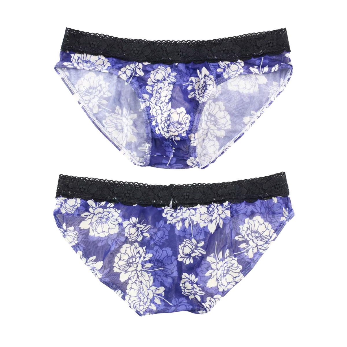 Heren Slip Doorzichtig met Bloemen - Mesh Slip Gebloemd Blauw & Wit - Sexy Transparant Design - Mannen Onderbroek - Lingerie Voor Mannen - Ondergoed Maat XL
