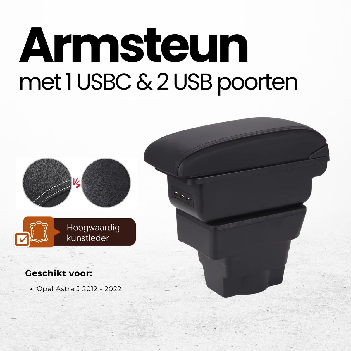Multifunctionele Armsteun - Geschikt voor Opel Astra J 2012 - 2022 - 1 USBC & 2 USB Aansluitingen - Opbergvakken - Armleuning - Middenconsole - Bekerhouder