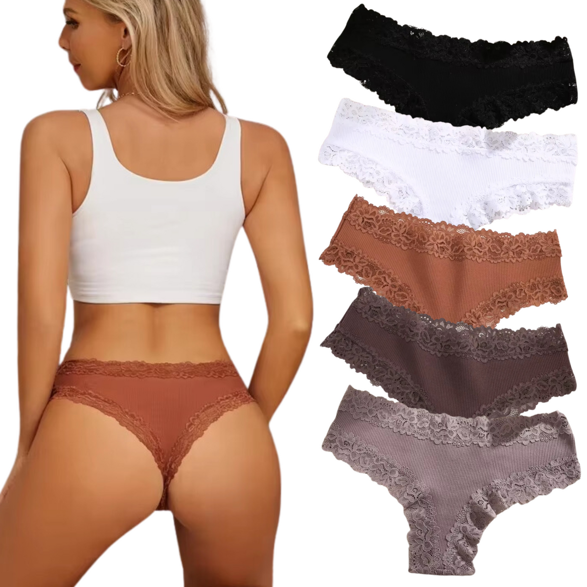 5 Pack - Sexy Dames String met Kant - Zwart, Bruin, Taupe, Nude en Wit - Onderbroek 95% Katoen - Dames Lingerie / Ondergoed Set - Brazilian Slip - Maat L