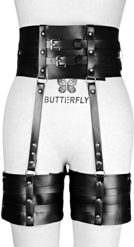 Sexy Zwart Harnas - Verstelbaar Tuigje met Brede Riemen voor Middel en Benen - Kunstleer Bondage Lingerie - Erotisch Sex Speeltje voor Mannen en Vrouwen - Sex Toys