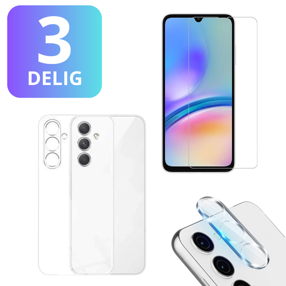 3 in 1 Set - Geschikt voor Samsung Galaxy A05s - Transparant Hoesje + Screenprotector + Cameraprotector - Doorzichtige Shockproof TPU Case - Tempered Glass Screen Protector - Glazen Camerabeschermer - Set van 3
