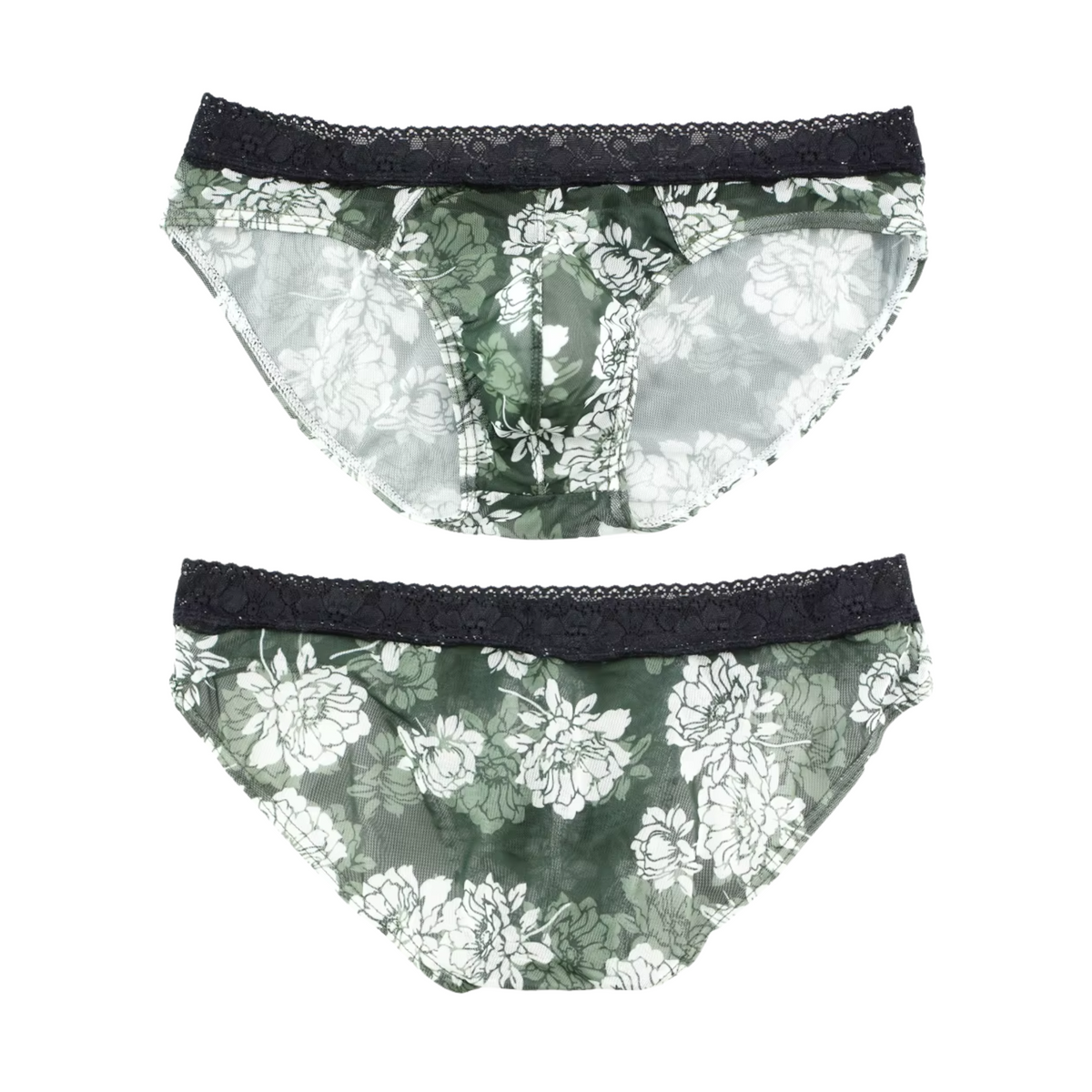 Heren Slip Doorzichtig met Bloemen - Mesh Slip Gebloemd Groen & Wit - Sexy Transparant Design - Mannen Onderbroek - Lingerie Voor Mannen - Ondergoed Maat M