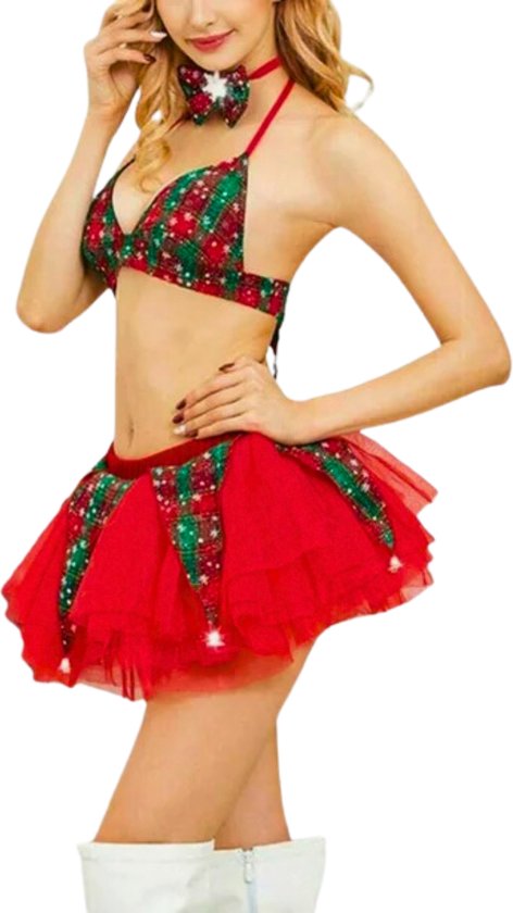 Kerst Setje Dames - Sexy Kerst Elfje - 4 Delig met Topje, Rok, Muts en Strikje - Rood Groen - Kerst Lingerie - Erotische Kerst Outfit - Kerstvrouw - Kant - Maat XXL