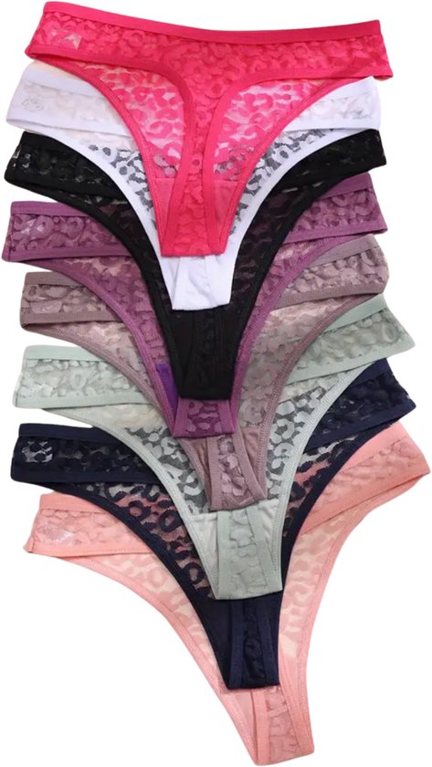 8 Pack - Sexy Dames String - Groen, Paars, Wit, Donker Roze, Taupe, Licht Roze, Donker Blauw en Licht Blauw - Onderbroek met Panter Print Design - Dames Lingerie / Ondergoed Set - Maat M