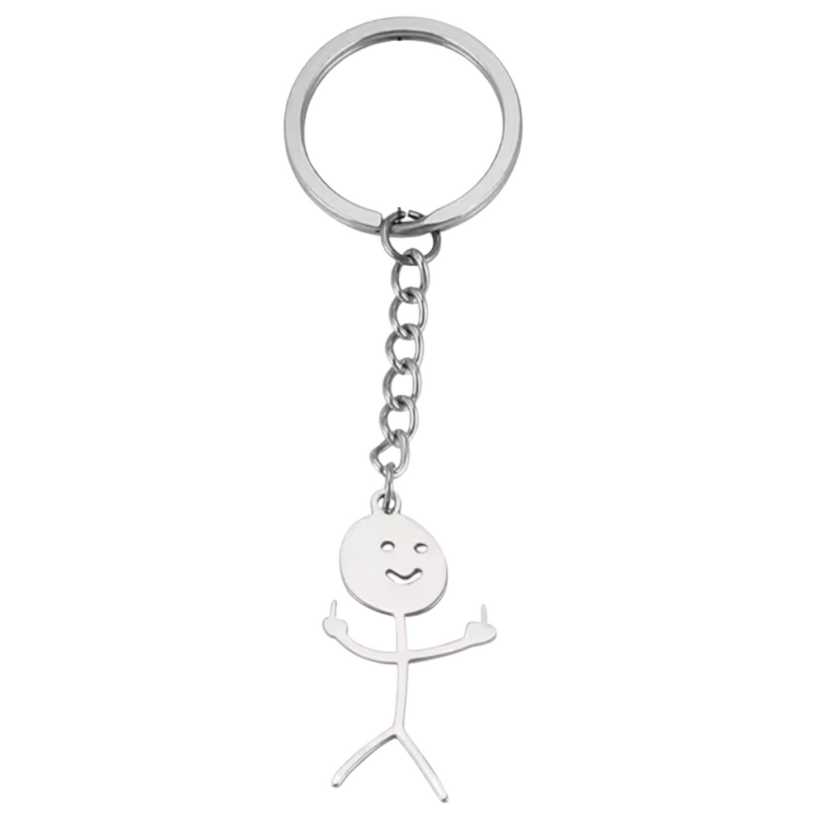 Grappige Sleutelhanger – RVS - Middelvinger Poppetje - Blij Poppetje in Zilver – Uniek Cadeau Accessoire - Tassenhanger - Sleutel Hanger Roestvrij Staal