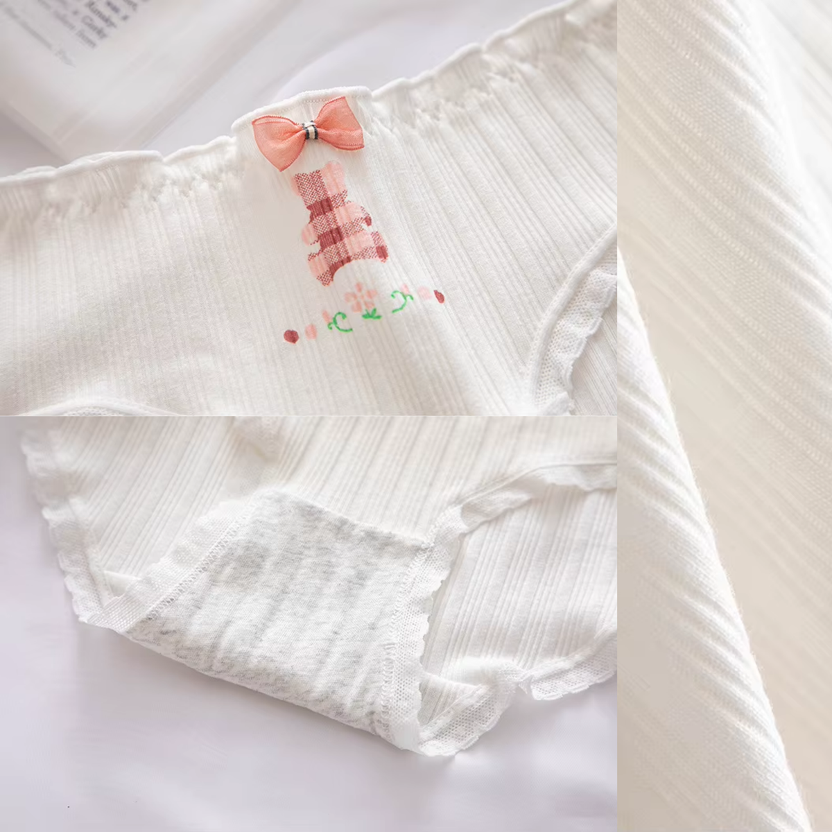 5 Pack - Schattige Dames Slip - Roze & Wit - Bloemetjes en Teddybeer Design - Kant met Strikje - Kawaii - Onderbroek 95% Katoen - Cute Dames Lingerie / Ondergoed Set - Maat M