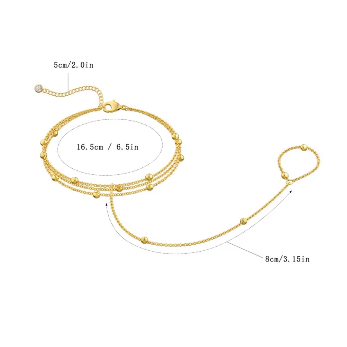 Handketting - Goud - Ketting Met Bolletjes - Dubbele Armband - Handsierraad Goudkleurig - Armband & Ring Dames - Hand Sierraad Ketting