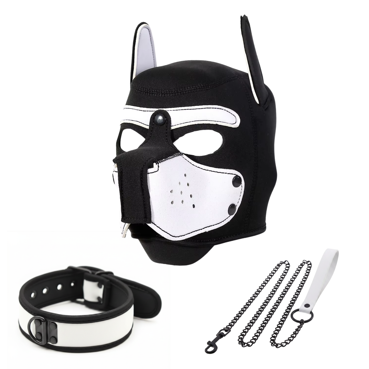 Honden Masker Set - Zwart & Wit - Masker, Halsband en Riem - Puppy Play - BDSM Roleplay & Cosplay - Unisex - Sex Speeltjes Toys - Erotiek - Bondage Masker - OneSize