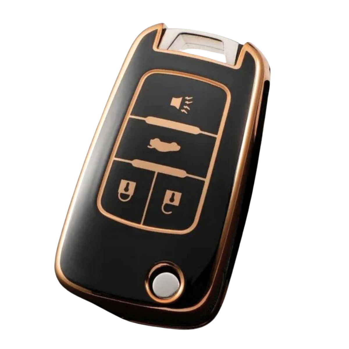 Zachte TPU Sleutelcover - Geschikt voor Opel Astra / Corsa / Insignia / Mokka / Zafira / Insignia / Chervrolet Cruze / Spark - 4 Knops - Zwart met Goud - Sleutel Hoesje Cover - Auto Accessoires