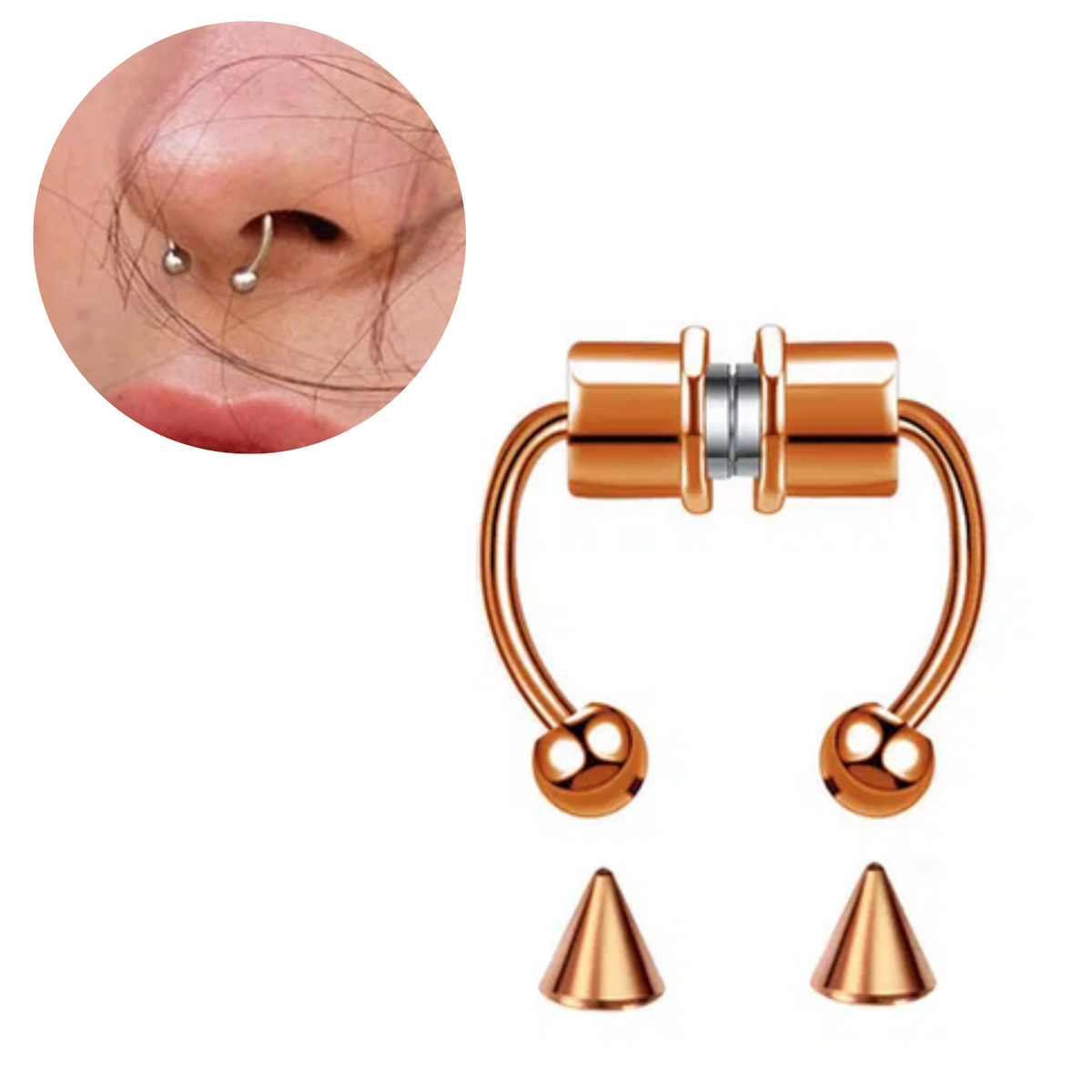 Fake Neuspiercing Rose Goud - Magnetisch - 4 Verwisselbare Opzetstukjes - Neusring - Nep Septum Piercing - Ringetje Rose Goud Kleurig - RVS Roestvrij Staal