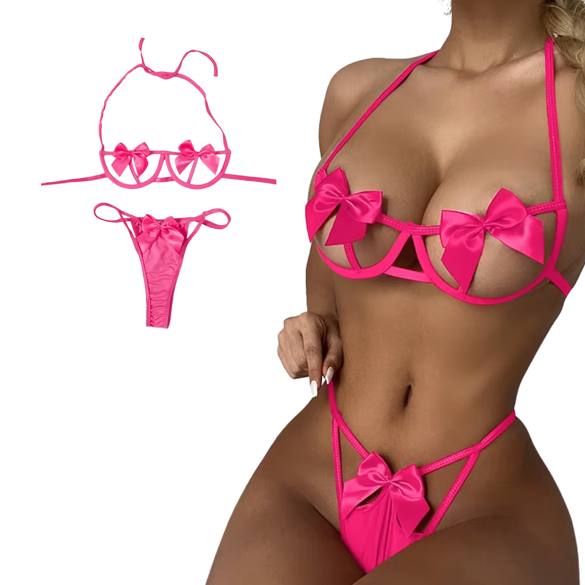Sexy Dames Lingerieset – Roze - Met Strikken – Tweedelige Lingerie Set - Halter Bralette Met Strikjes - String - Ondergoed Voor Vrouwen - Maat M