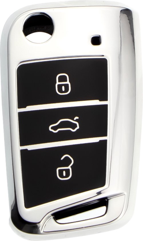 Zachte TPU Sleutelcover - Metallic Chroom Zilver - Sleutelhoesje Geschikt voor Volkswagen Polo / Golf / 2014 - 2021 / Seat Leon / Seat Ibiza / Golf GTI / Golf R / Golf 7 / Skoda - Sleutel Hoesje Cover - Auto Accessoires