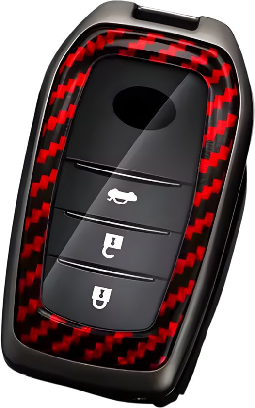 Carbon Look Harde Sleutelcover - Sleutelhoesje Geschikt voor Toyota Yaris Cross / Hilux / Innova / Fortuner / Camry / Land Cruiser 200 / Land Cruiser 300 / Prado / Crown / TLK 200 - Zwart met Rood - Key Cover - Auto Accessoires