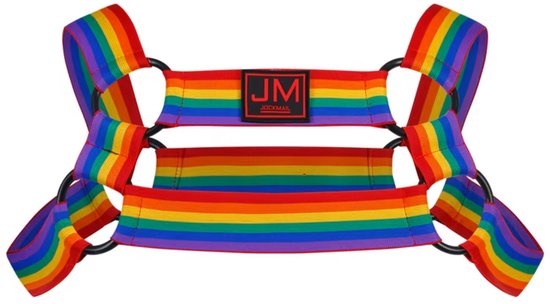 Heren Harnas & Slip Set - Regenboog - Jockstrap - Verstelbaar Bondage Borst Harnas met Open Achterkant - Pride LGBTQI+ - Ringen - One Size - Erotiek & Bondage Lingerie voor Mannen - Maat XL