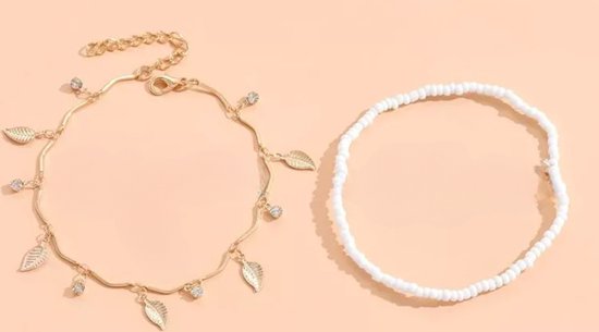 Set van 2 Enkelbandjes - Goudkleurig - 2 Stuks - Diamantjes & Blaadjes - Kraaltjes - Enkelbanden - Enkel Sierraad - Cadeau Dames