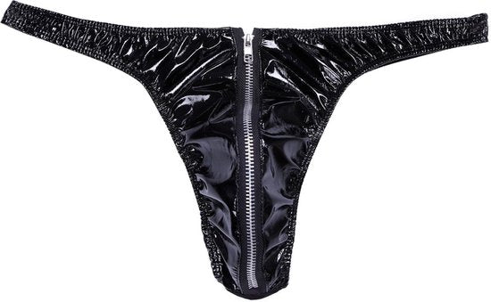 Heren Slip met Rits - Latex Look - String Zwart - Sexy Design - Mannen String - Ondergoed Maat XL