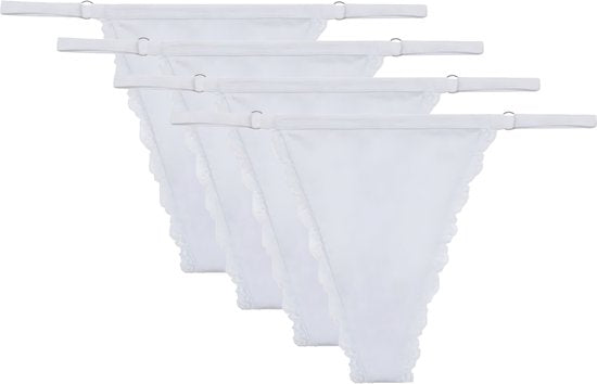 4 Pack - Sexy Wit Dames String - Katoen Ondergoed - Kant & Smalle Bandjes - Dames Lingerie / Onderbroek / Slip Set Wit - Maat L