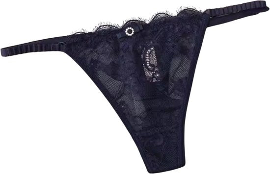 Sexy Kanten String – Donker Blauw - Lingerie met Kant, Strikje en Steentje – Verleidelijk en Comfortabel Dames Ondergoed - Slip / Onderbroek Voor Vrouwen - One Size