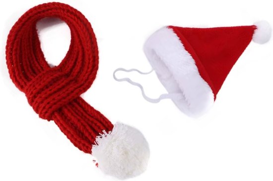 Kerstmuts en Sjaal voor Honden - Kerst Setje - Kerst Mutsje met Gebreid Sjaaltje - Kerst Accessoire voor Honden en Grote Katten - Hondenkleding - Wintersetje - Maat S