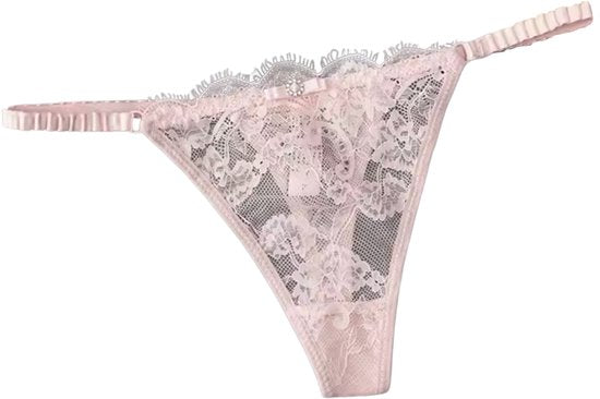 Sexy Kanten String – Roze - Lingerie met Kant, Strikje en Steentje – Verleidelijk en Comfortabel Dames Ondergoed - Slip / Onderbroek Voor Vrouwen - One Size