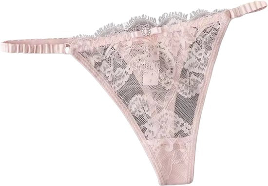 Sexy Kanten String – Oud Roze - Lingerie met Kant, Strikje en Steentje – Verleidelijk en Comfortabel Dames Ondergoed - Slip / Onderbroek Voor Vrouwen - One Size