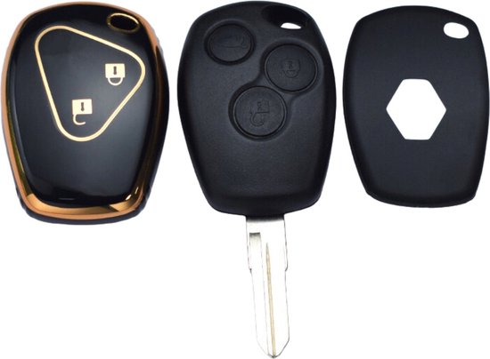 Zachte TPU Sleutelcover - Sleutelhoesje Geschikt voor Renault / Dacia - Renault Clio / Twingo / Modus / Kangoo / Laguna / Dacia Logan / Duster / Sandero - Zwart - Randen Goud - Sleutel Hoesje Cover - Auto Accessoires