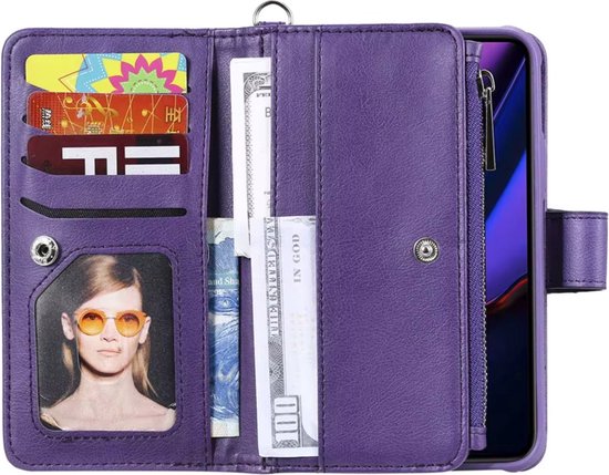 Portemonnee met Magnetisch Telefoonhoesje - Geschikt voor Samsung Galaxy A53 5G - Paars - Kunstleer - Schokbestendig - Verschillende vakjes - Met Ritssluiting - Met Draagkoord