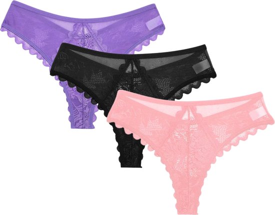 3 Pack - Sexy Brazilian Dames String - Kant - Paars, Roze en Zwart - Dames Lingerie / Ondergoed Set - Maat M