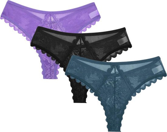 3 Pack - Sexy Brazilian Dames String - Kant - Paars, Zwart en Groen - Dames Lingerie / Ondergoed Set - Maat XL