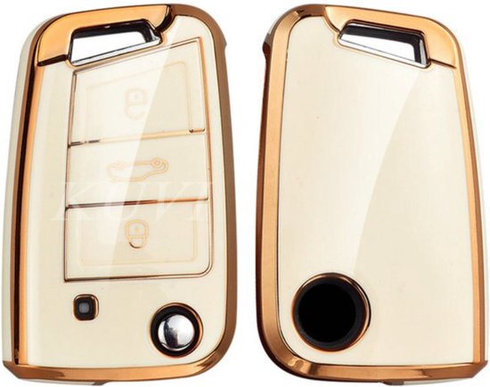 Zachte TPU Sleutelcover - Wit Metallic - Sleutelhoesje Geschikt voor Volkswagen Golf / Tiguan - Seat Leon / Ateca / Ibiza - Skoda Kodiaq / Octavia / Karoq - Sleutel Hoesje Cover - Randen Goud - Auto Accessoires