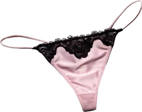Sexy Dames String – Licht Roze - Satijn & Zwart Kant - Dunne Bandjes – Lingerie Voor Vrouwen - Comfortabel Ondergoed - Slip / Onderbroek - Maat XL