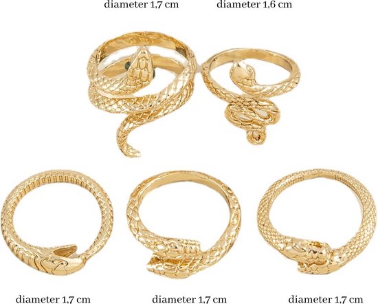 Set van 5 - Ring Slang Goud - Gold Snake - 5 Goudkleurige Ringen - 1,7 Centimeter - Trendy Dames Ringen Slangen