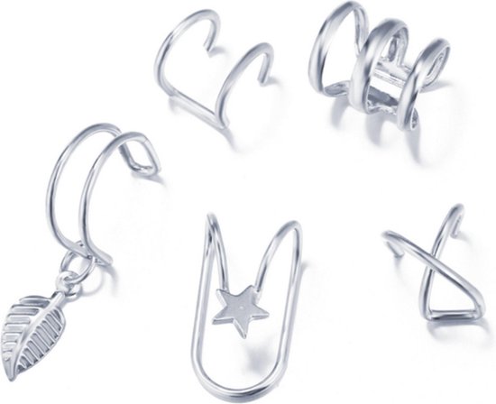 Set van 5 - Fake Helix Zilver - Nep Piercing - Klem Oorbellen Oorpiercing - Nep Helix - Ringetje Zilver - Metaal