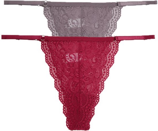 Luxe Dames String met Kant - 2 Stuks - Nude & Rood - Intieme Lingerie Dames / Ondergoed Set Vrouw - High Waist - Maat M